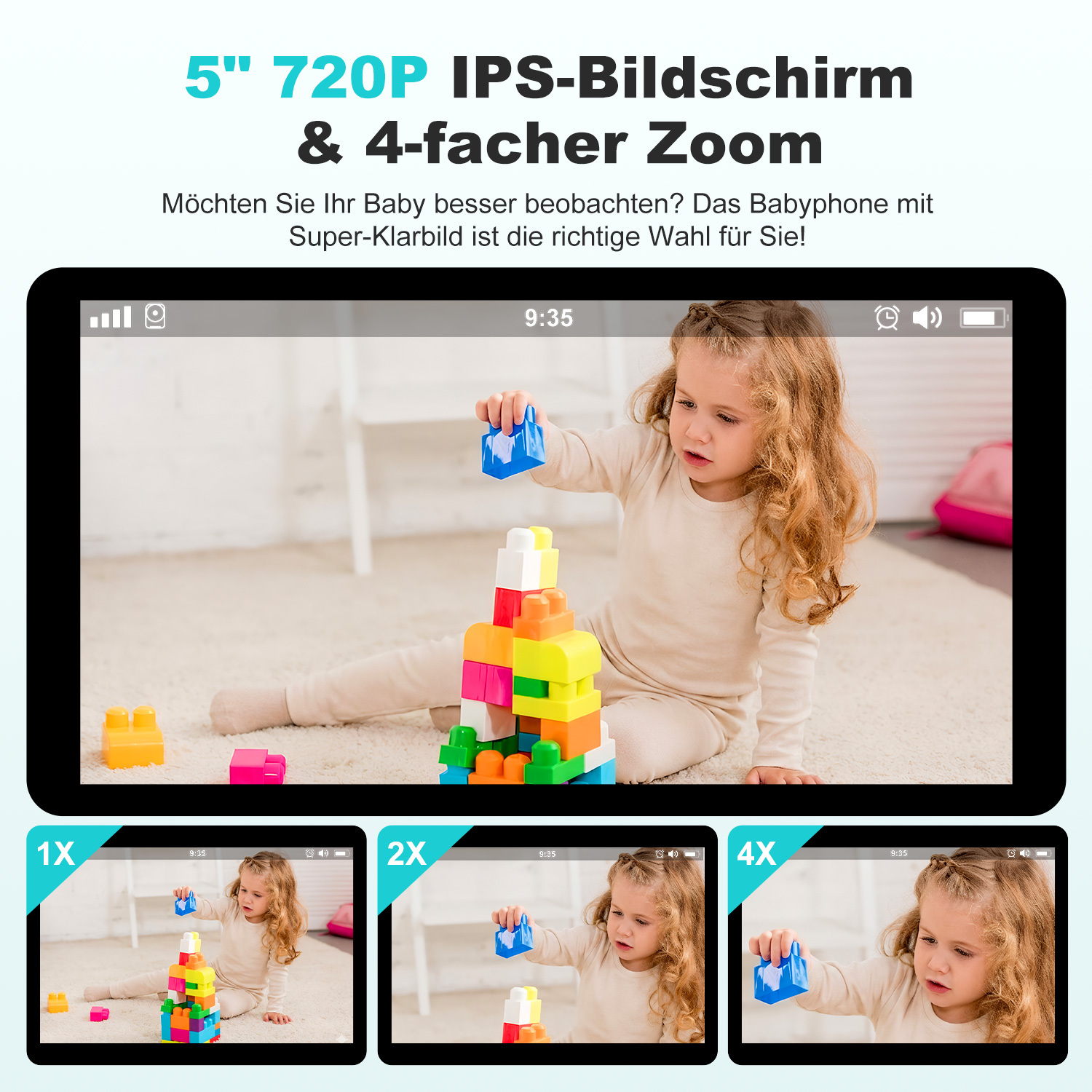 Ein Baby beobachtet bunte Bausteine. Mehrere Zoomstufen werden gezeigt.