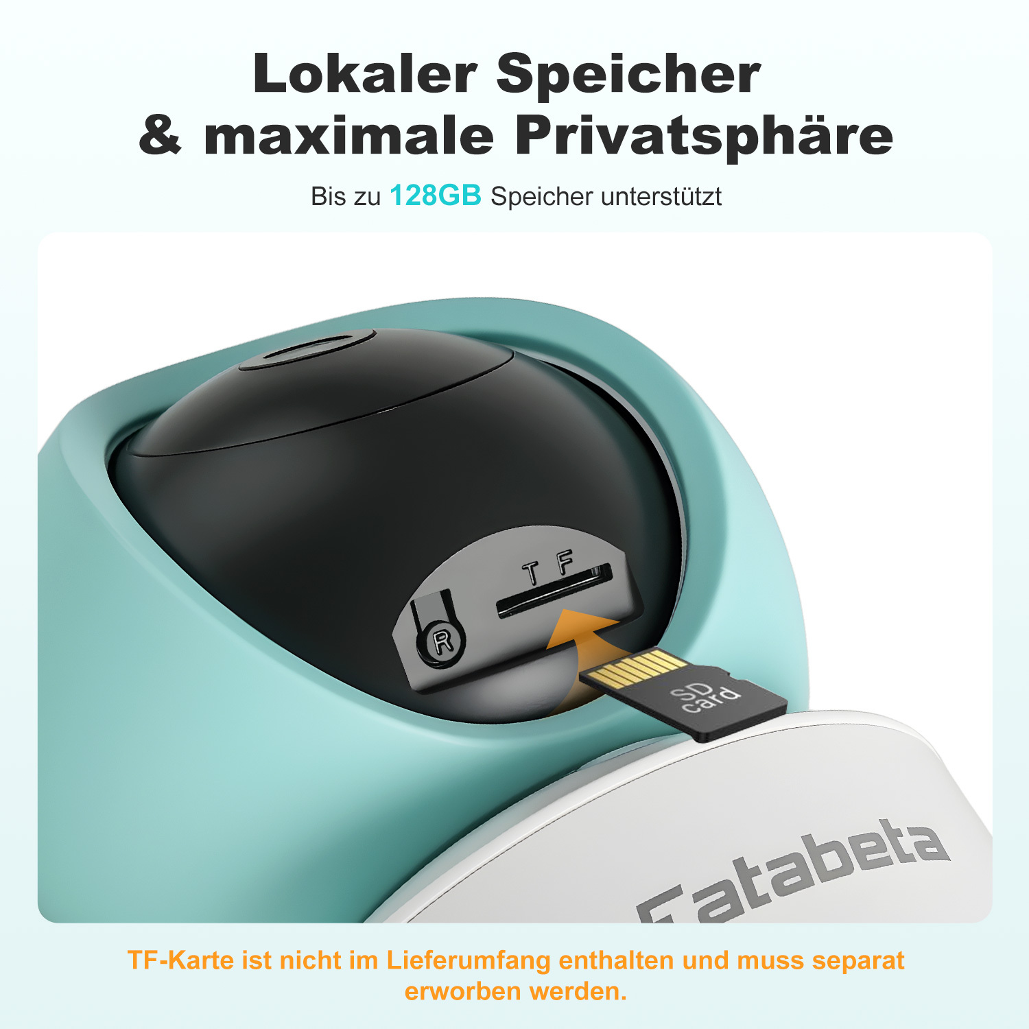 Hellblaue Kamera mit TF-Karteneinschub und SD-Karte.