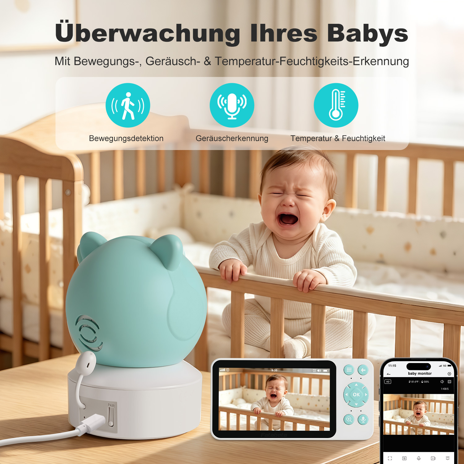 Babyphone im süßen Katzen-Design, zeigt weinendes Baby auf Bildschirm und Handy.
