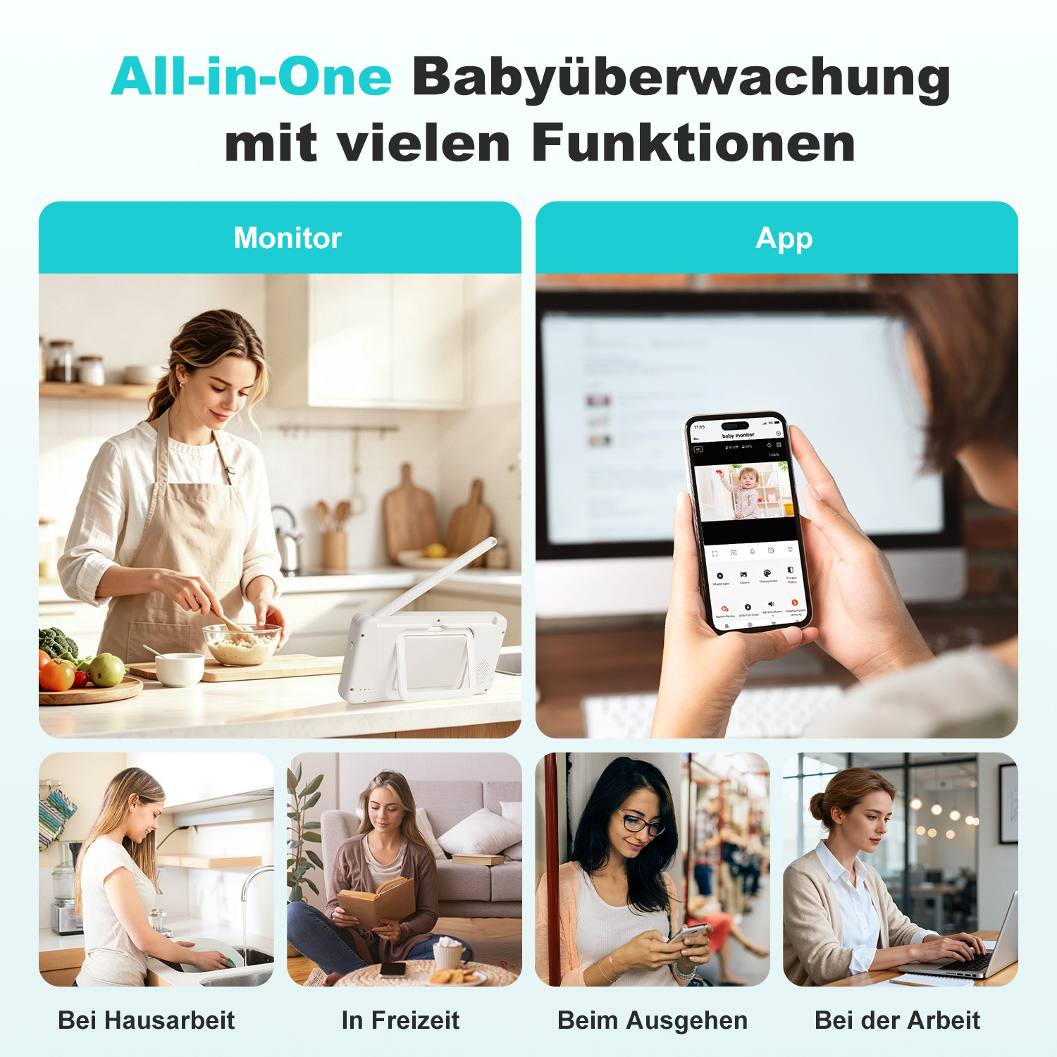 Frau in Küche, Babyphone-Monitor, Handy-App, Frau am Spülbecken, Frau liest, Frau am Handy, Frau am Laptop.