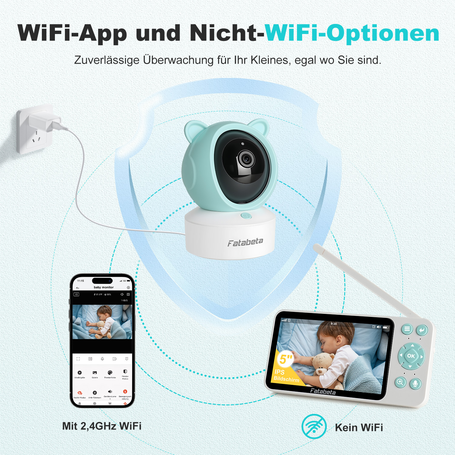 Babyphone mit Kamera, Smartphone-App und 5-Zoll-Bildschirm, für WiFi und ohne WiFi.