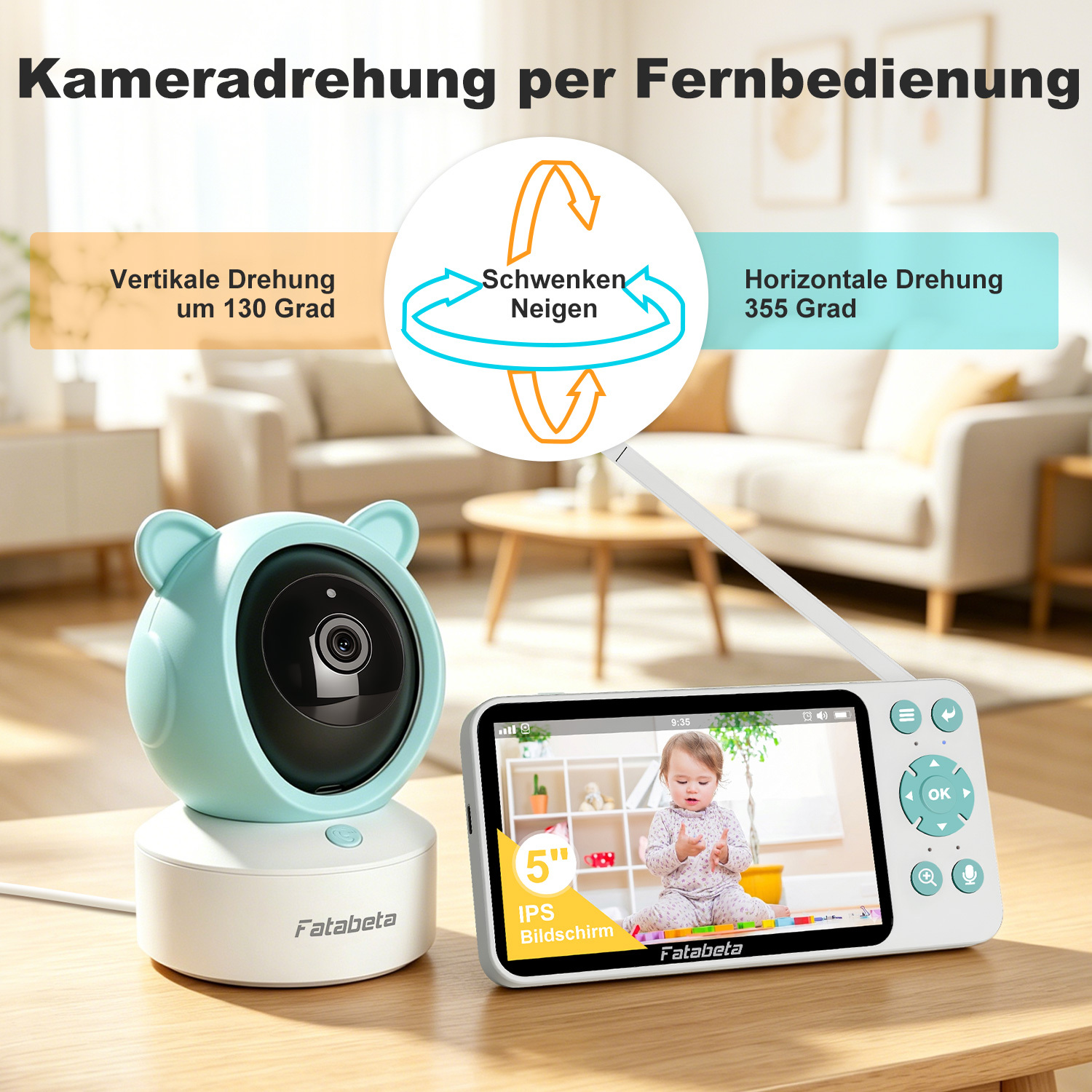 Ein Babyfon mit Kamera und Monitor. Die Kamera ist blau mit Ohren, der Monitor zeigt ein Baby.
