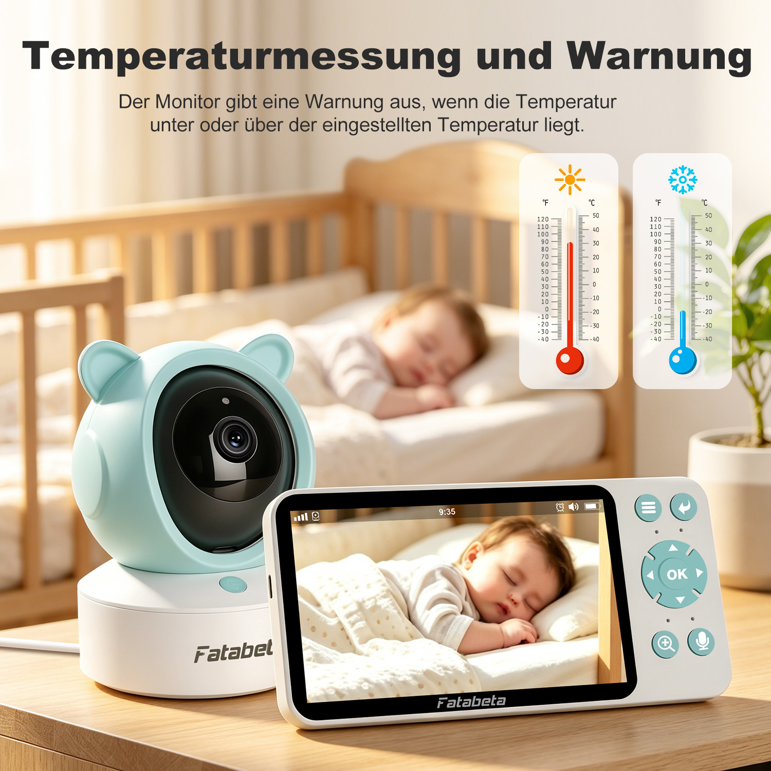 Babyfon mit Kamera und Temperaturanzeige. Ein Baby schläft im Bett.