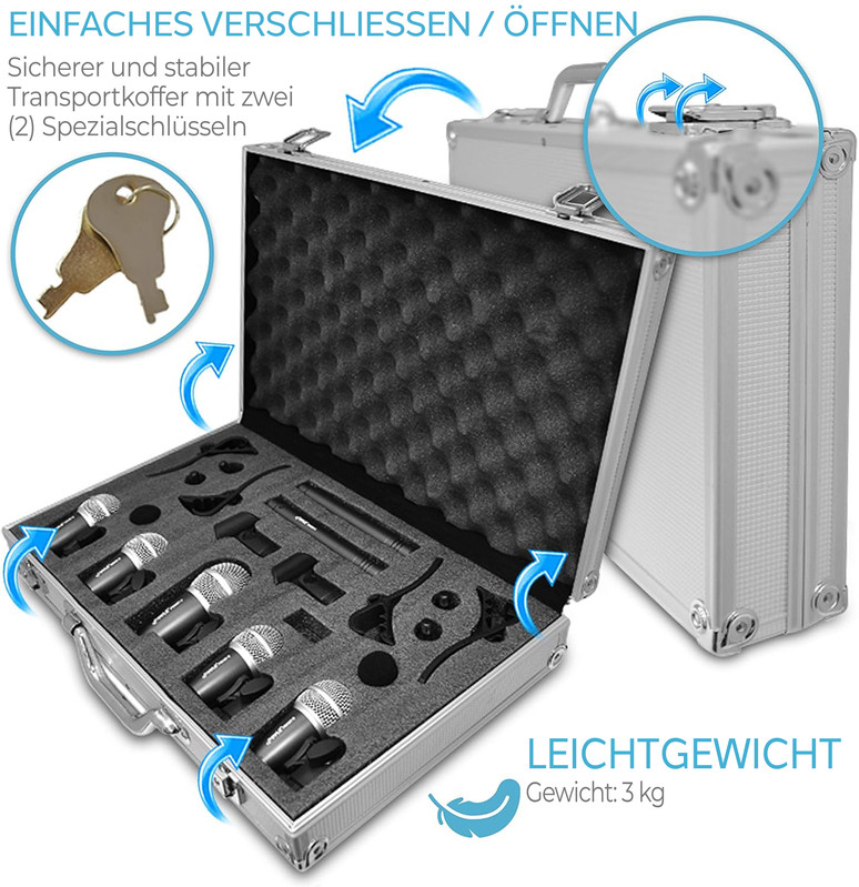 Silberner Koffer mit Schaumstoffeinlage, 4 Mikrofonen und Zubehör.