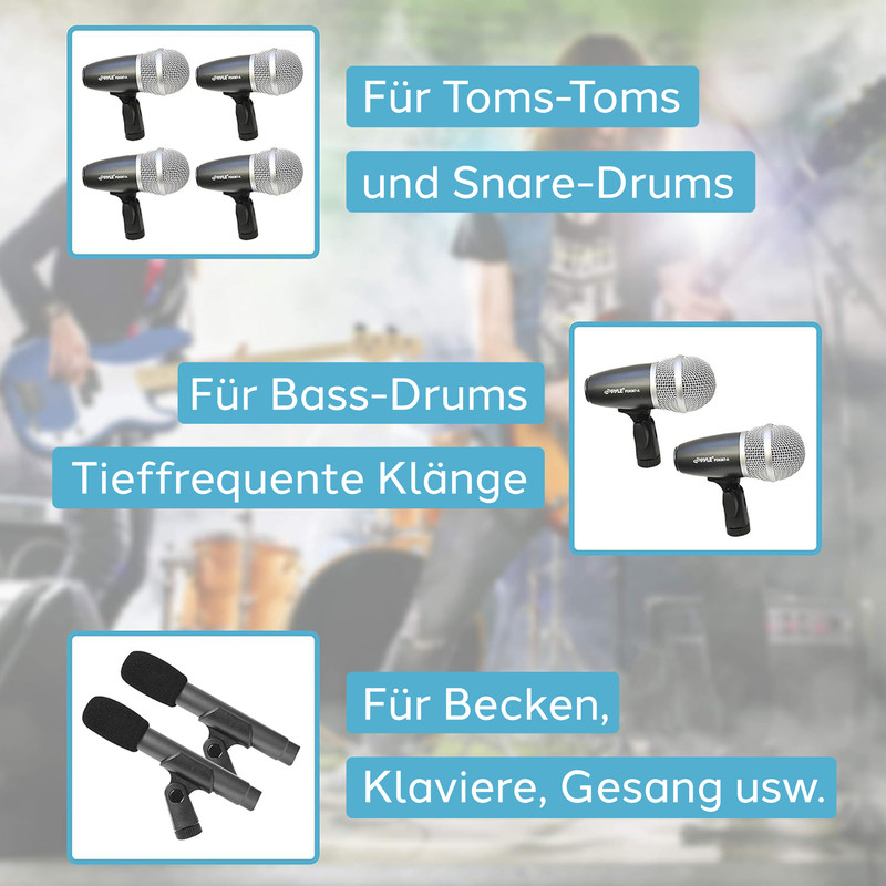 Drei Mikrofon-Sets für verschiedene Instrumente, auf einem Bandhintergrund.