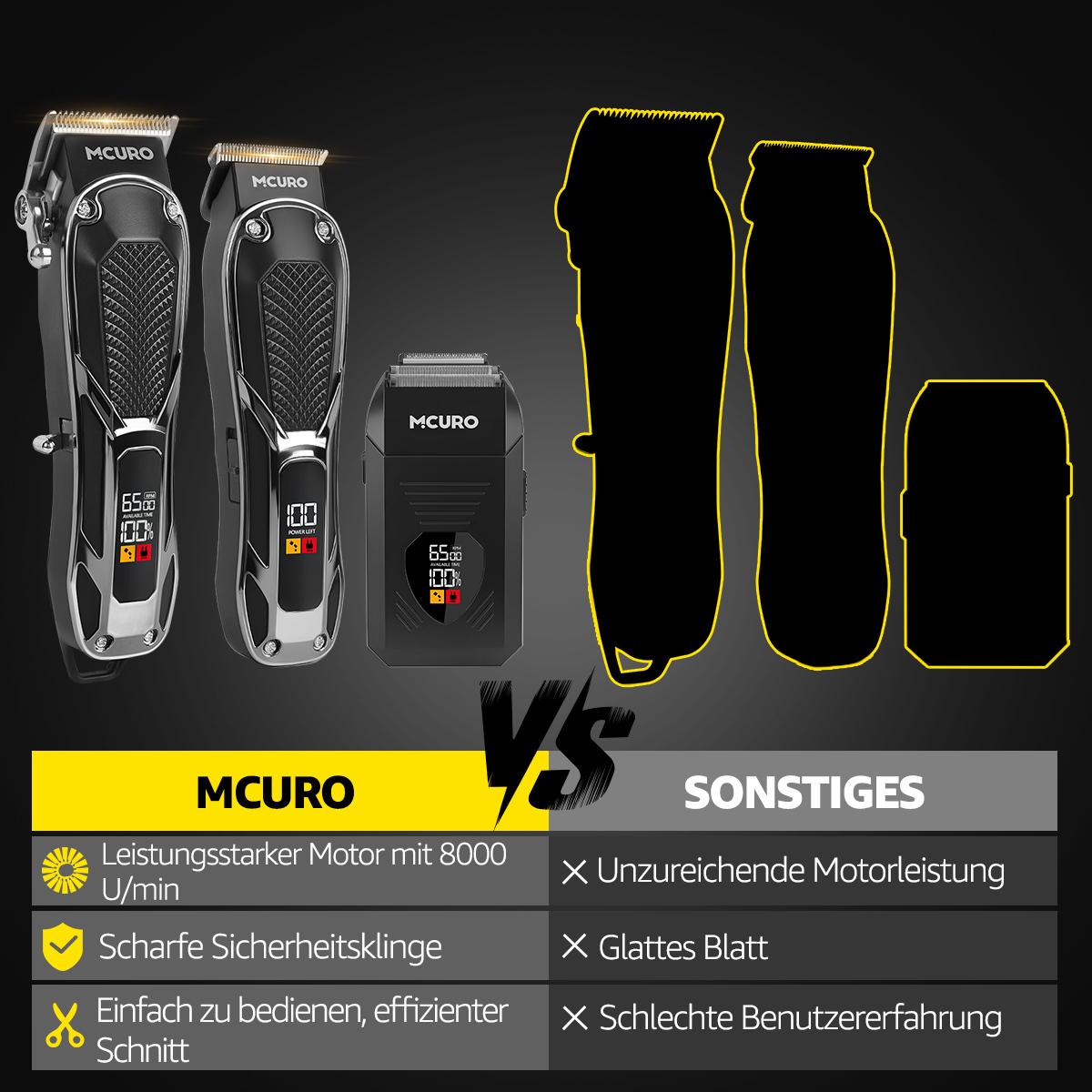 Zwei MCURO Haarschneider und ein Trimmer mit Displays im Vergleich zu Silhouetten.