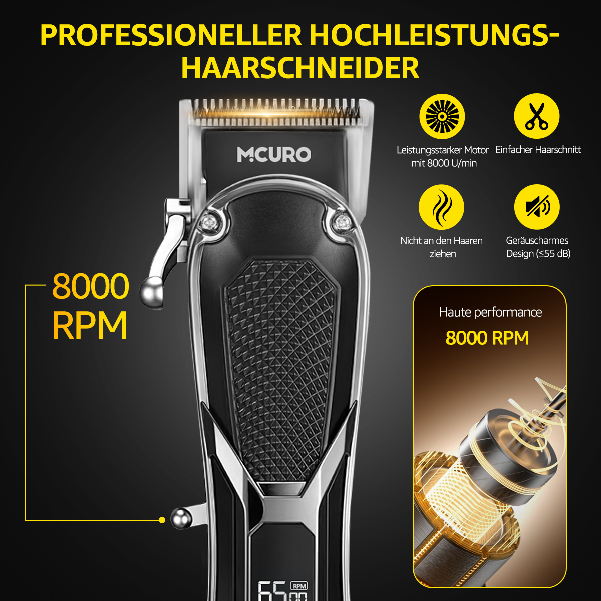 Professioneller Haarschneider mit 8000 RPM, leistungsstark und leise.