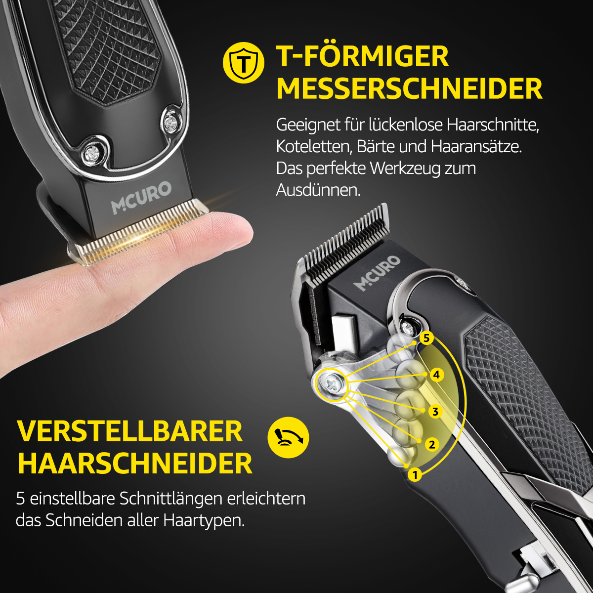 Schwarzer Haarschneider mit T-förmiger Klinge auf Finger, Detailansicht.