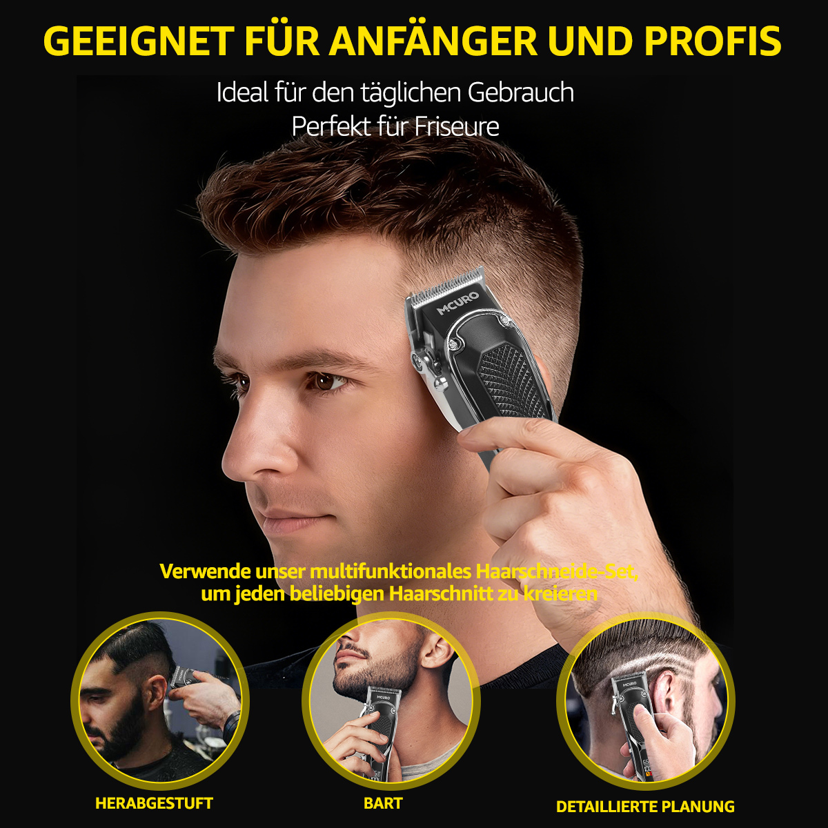 Mann mit Haarschneidemaschine, ideal für Anfänger und Profis.
