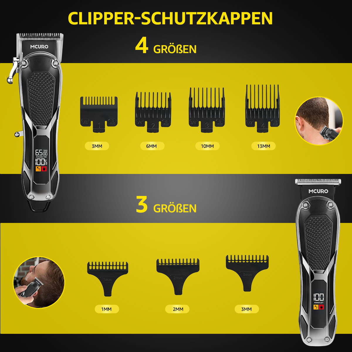 Haarschneidemaschinen mit 4 und 3 Aufsätzen in verschiedenen Größen.