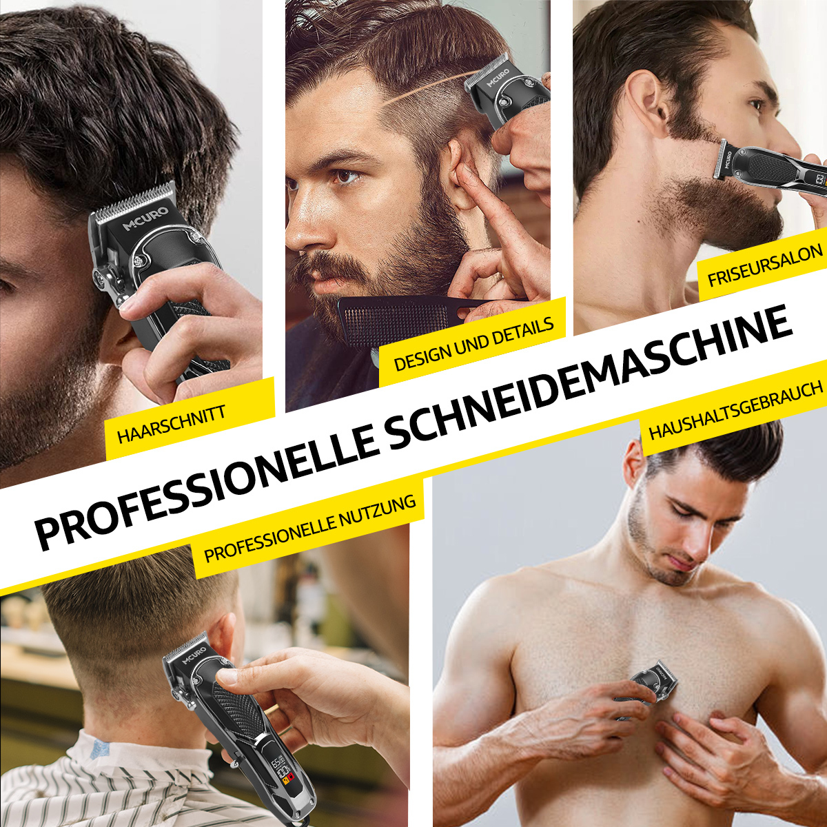 Fünf Szenen zeigen eine Haarschneidemaschine in Gebrauch für Haarschnitte, Design und Details, Friseursalon, professionelle Nutzung und Haushalt.
