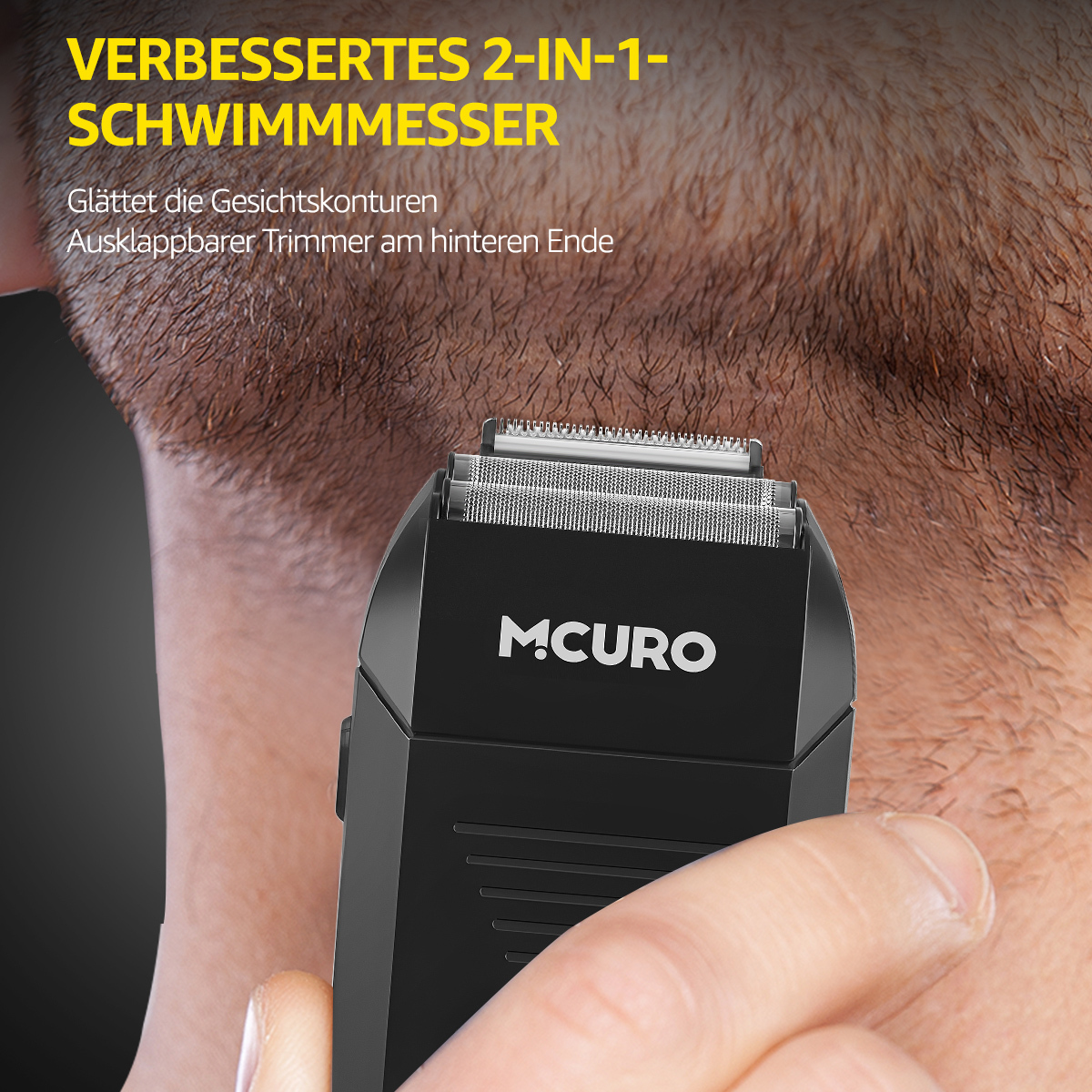 Nahaufnahme eines schwarzen MCuro Rasierers, der von einer Hand gehalten wird, vor dem Hintergrund von Haut und Haaren.