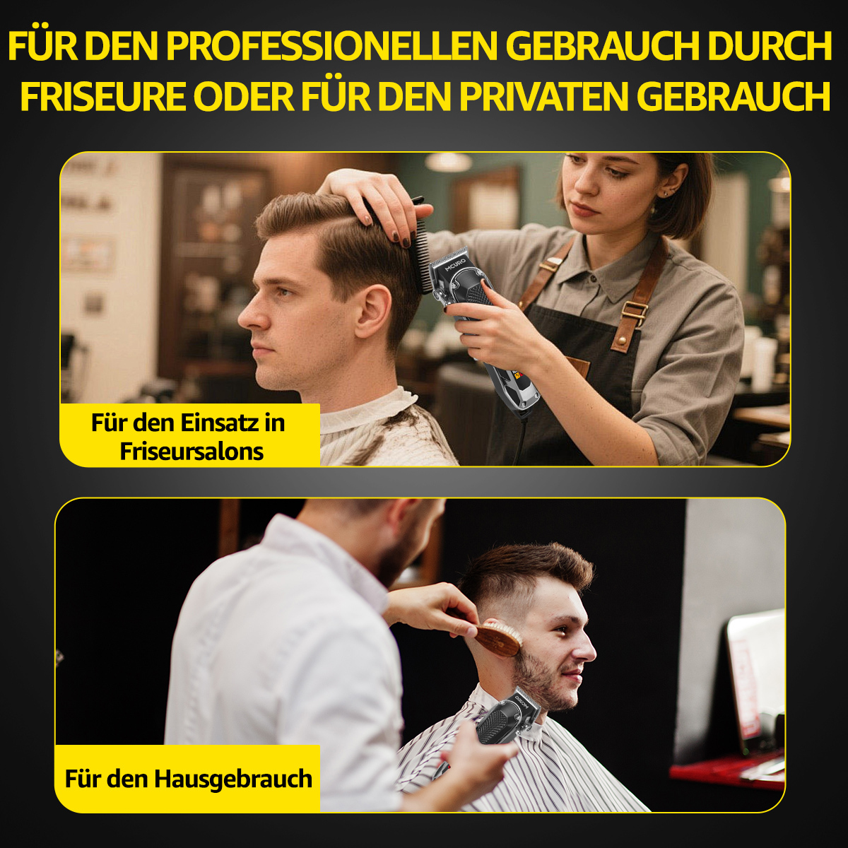 Zwei Szenen: Friseurin schneidet Mann die Haare. Mann schneidet Mann die Haare.