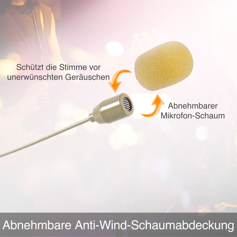 Ein Mikrofon mit abnehmbarem gelben Schaumstoffschutz vor unscharfem Gitarrenhintergrund.