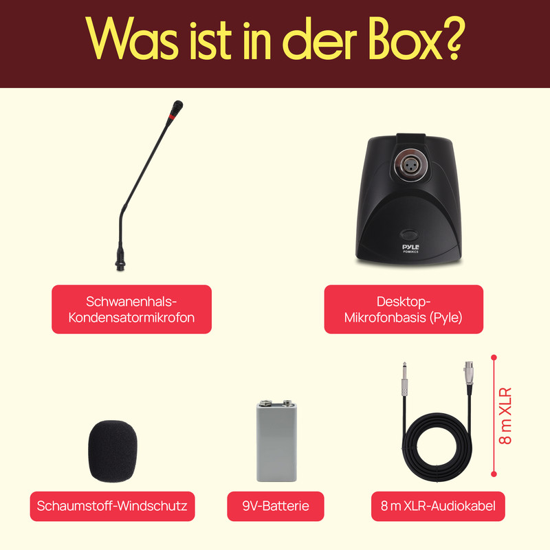 Packungsinhalt: Schwanenhalsmikrofon, Desktop-Mikrofonbasis, Schaumstoff-Windschutz, 9V-Batterie, 8m XLR-Kabel.