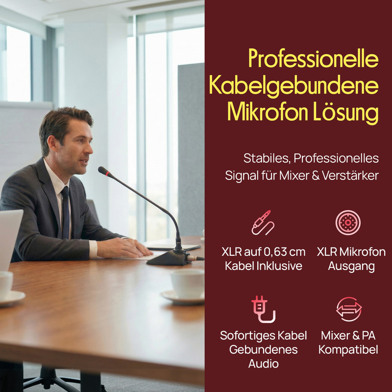 Mann im Anzug spricht in ein Mikrofon. Professionelle Kabelgebundene Mikrofon Lösung.