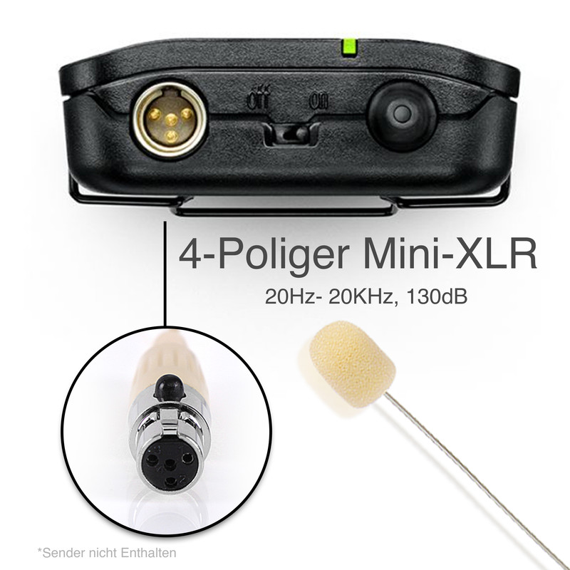 Ein schwarzer Sender mit 4-Pin Mini-XLR-Anschluss, Mikrofon und Kabel.