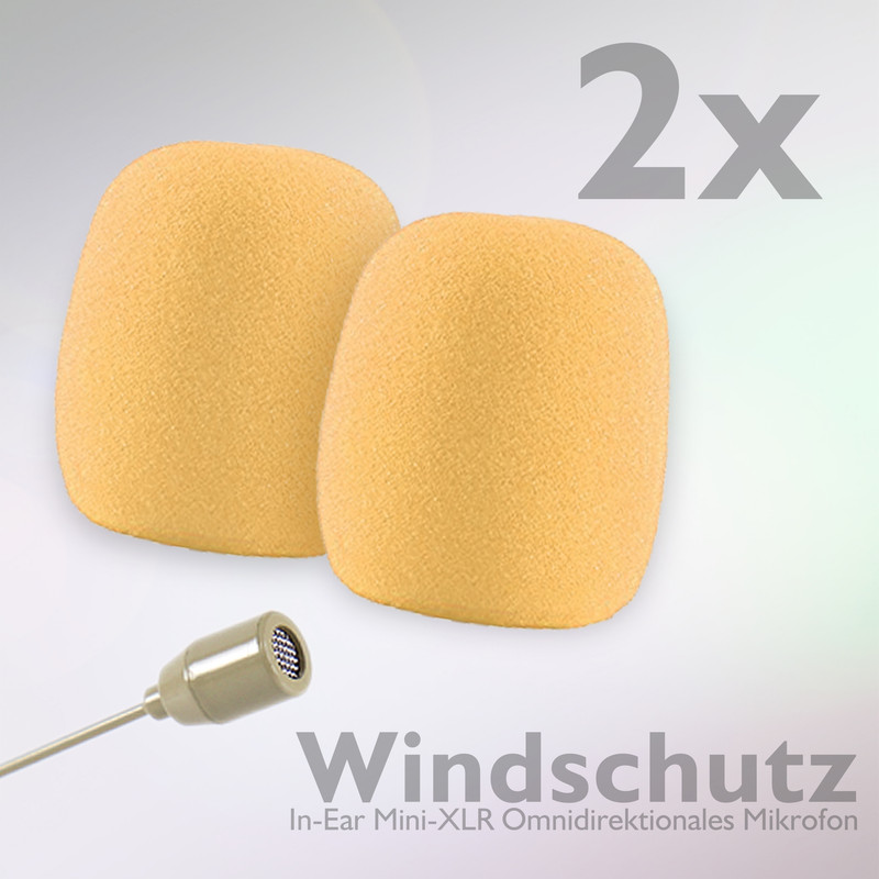 Zwei gelbe Schaumstoff-Windschützer für Mikrofone liegen auf einem hellen Hintergrund.