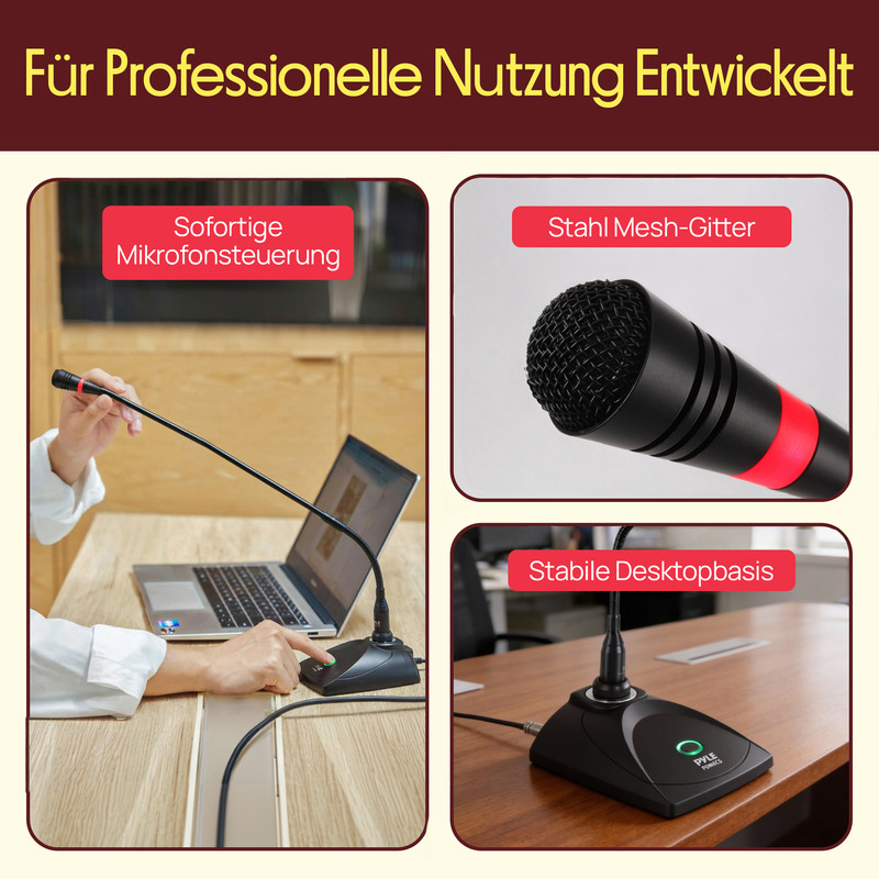 Triptych of microphone features: person using mic with laptop, microphone head, and base.