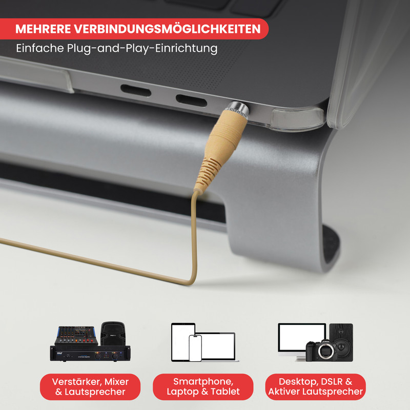 Ein Kabel wird in einen Laptop gesteckt. Icons zeigen Geräte an.
