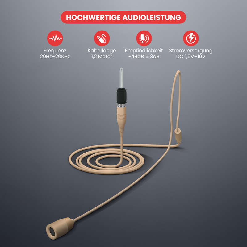 Ein lavalier Mikrofon mit Kabel und Klinkenstecker auf grauem Grund.
