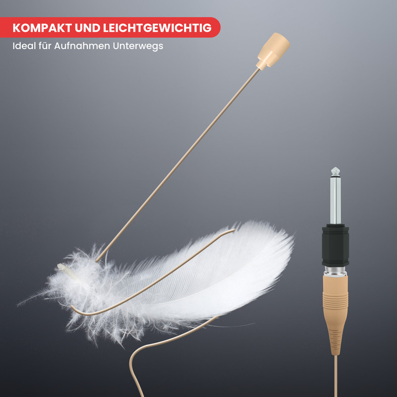 Ein Mikrofon mit Feder und Klinkenstecker auf grauem Hintergrund.