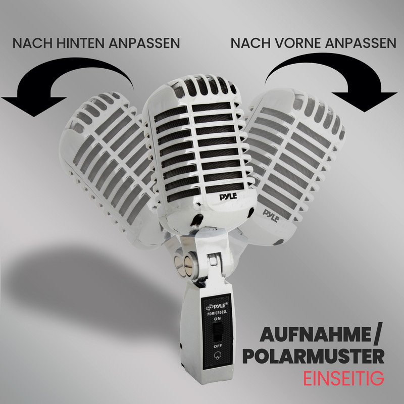 Ein silbernes Mikrofon mit drei Positionen, das sich vorwärts und rückwärts verstellen lässt.