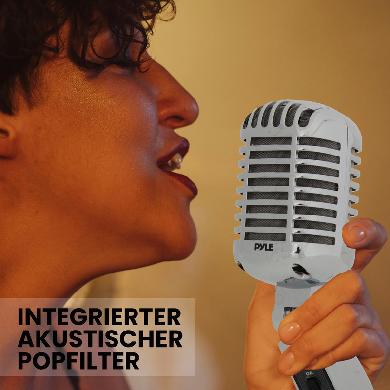 Profil einer Person, die in ein chromfarbenes Mikrofon singt.