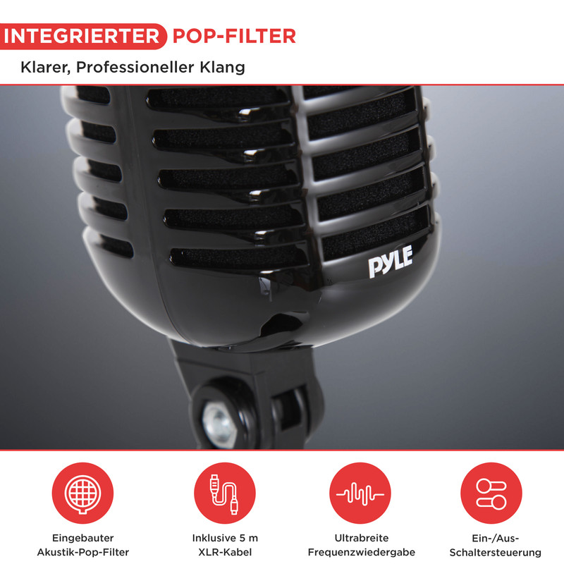 Ein schwarzes Mikrofon mit integriertem Pop-Filter und Pyle-Logo.