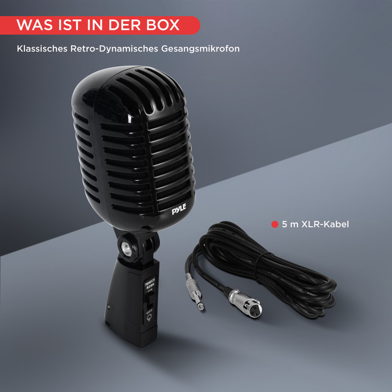 Schwarzes Retro-Dynamikmikrofon mit 5m XLR-Kabel auf grauer Fläche.