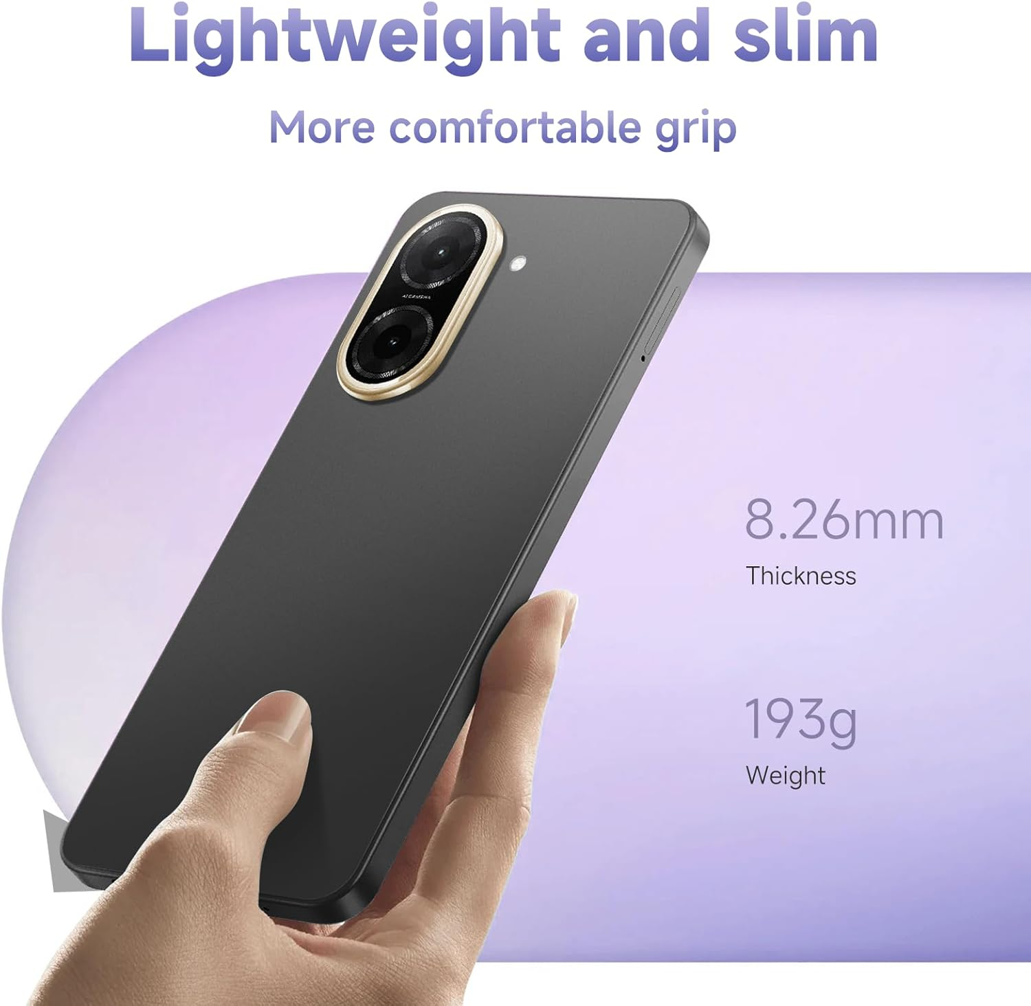 Schwarzes Smartphone in der Hand, 8,26mm dick, 193g schwer.