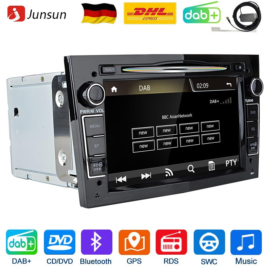 Ein Autoradio mit DAB+, CD/DVD, Bluetooth, GPS, RDS, SWC und Musik-Symbolen.