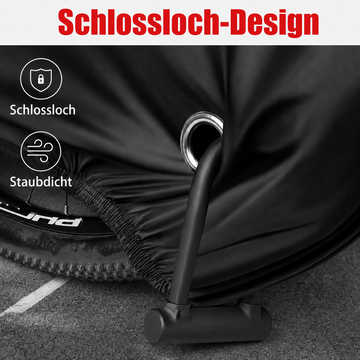 Schwarze Fahrradabdeckung mit Schlossloch und staubdichtem Symbol.