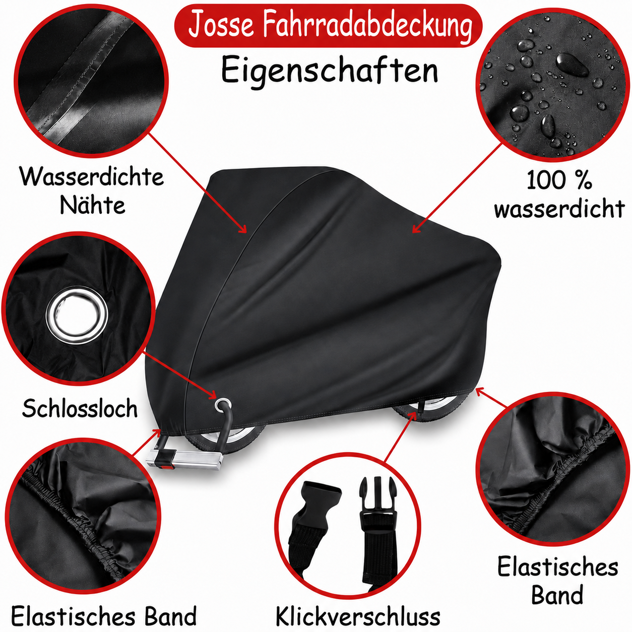 Schwarze Fahrradabdeckung mit Nahaufnahmen von wasserdichten Nähten, Schlossloch, elastischem Band und Klickverschluss.