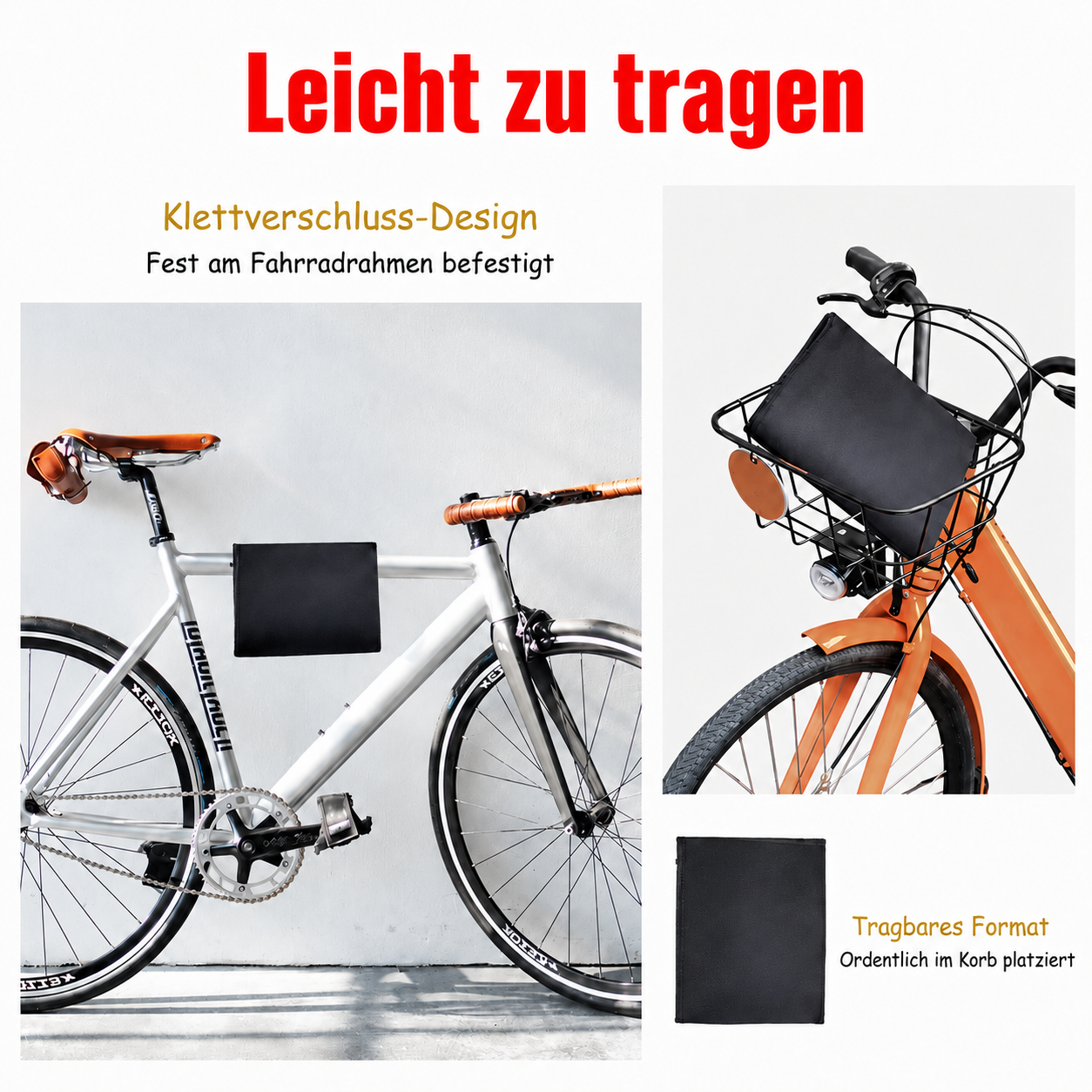 Ein schwarzer Beutel ist am Fahrradrahmen und im Fahrradkorb befestigt.