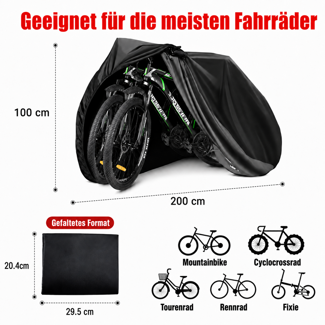 Schwarze Fahrradabdeckung für zwei Fahrräder, 100x200cm, mit Maßen für gefaltetes Format.