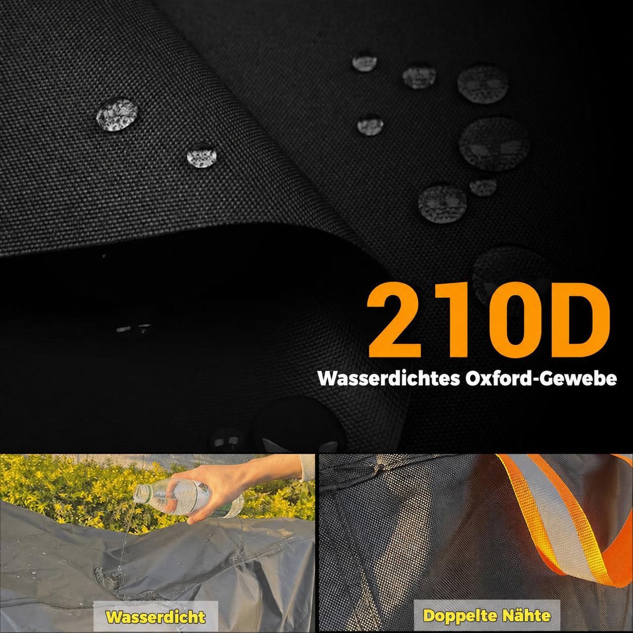 Wasserdichtes 210D Oxford-Gewebe mit Tropfen und Nähten.
