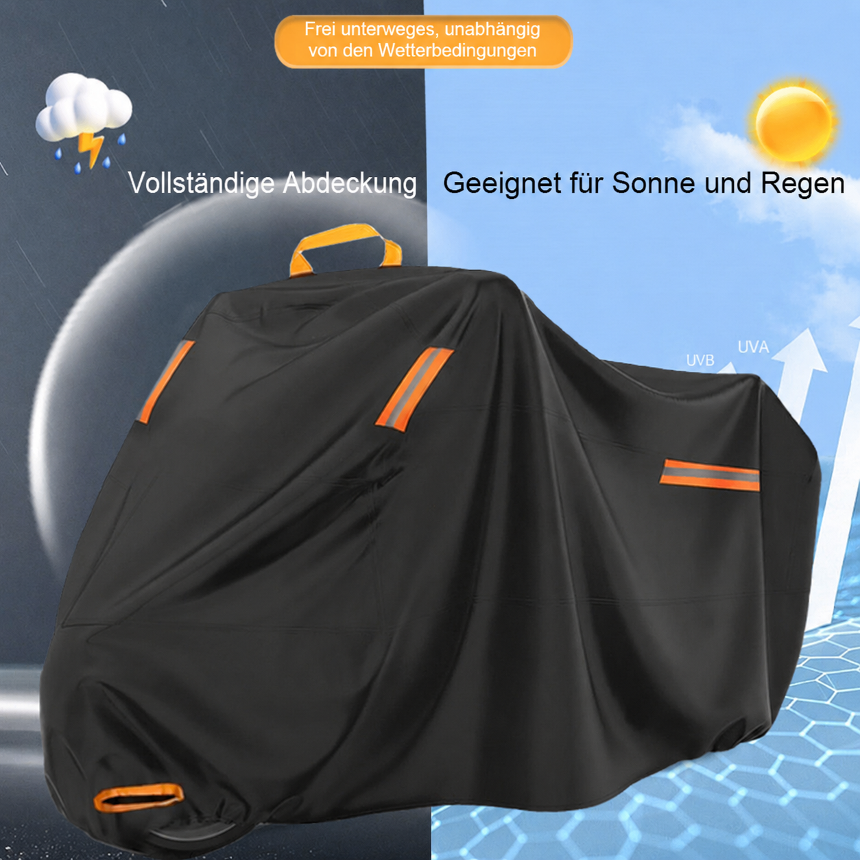 Motorradabdeckung: Vollständig, wetterfest, für Sonne und Regen, mit Reflektoren.