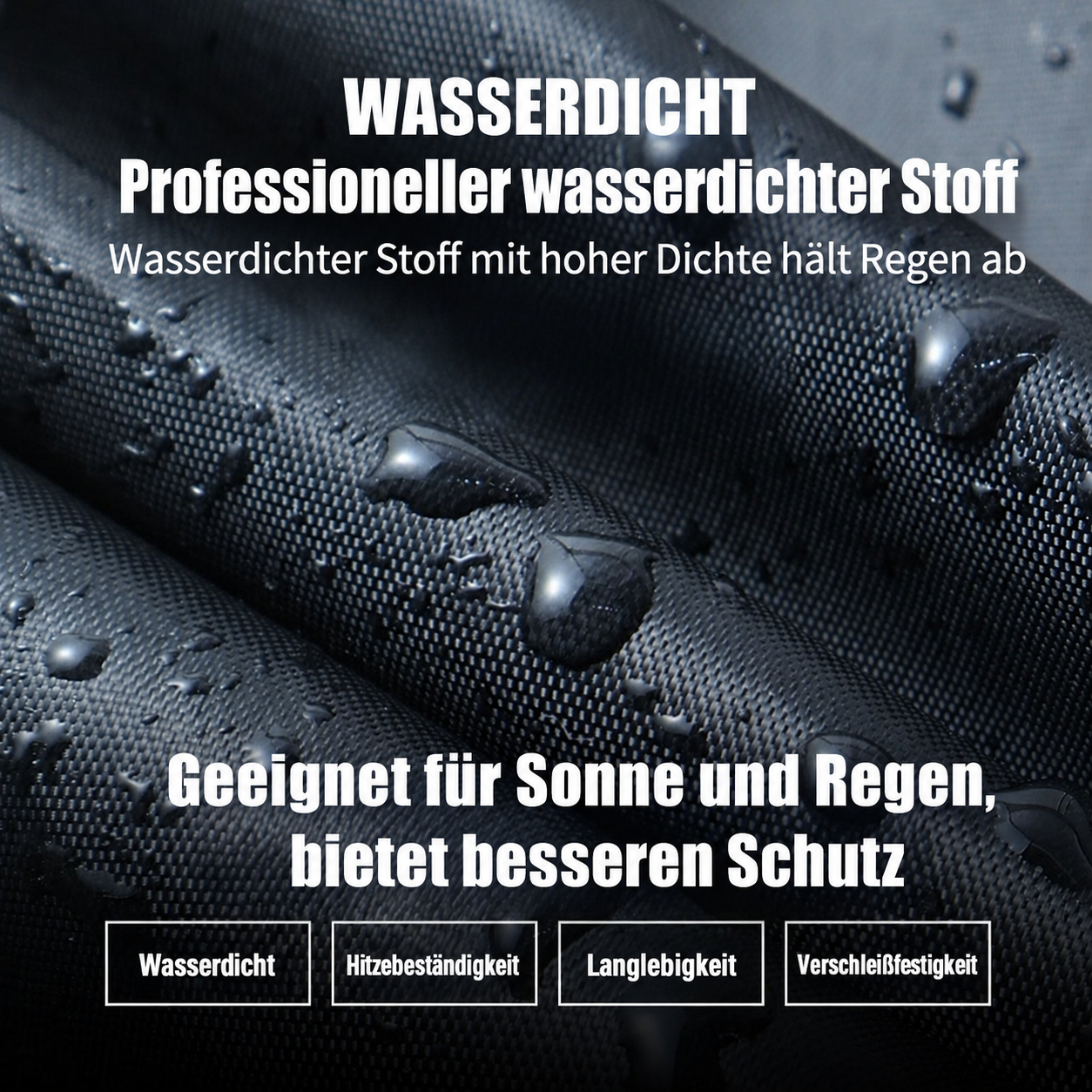 Wasserdichter Stoff mit Wassertropfen, mit Text über Sonnenschutz.