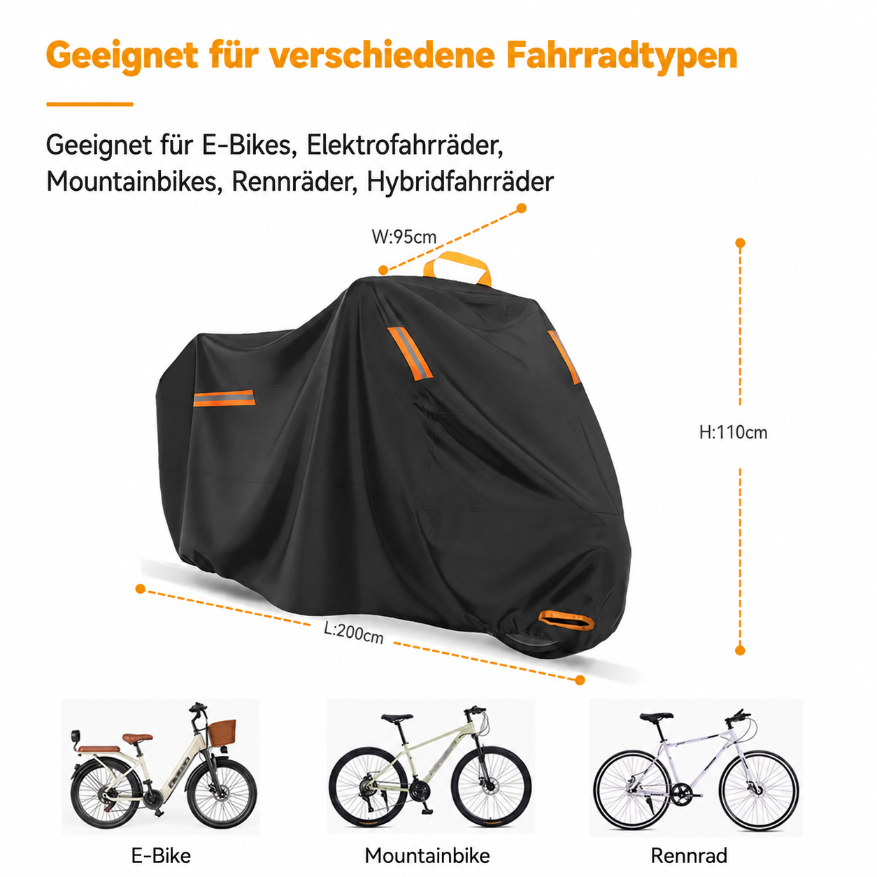 Eine schwarze Fahrradabdeckung mit orangen Akzenten und Maßen L:200cm, W:95cm, H:110cm.