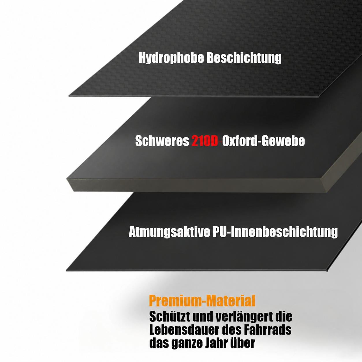 Schichten: Hydrophobe Beschichtung, schweres 210D Oxford-Gewebe, PU-Innenbeschichtung.