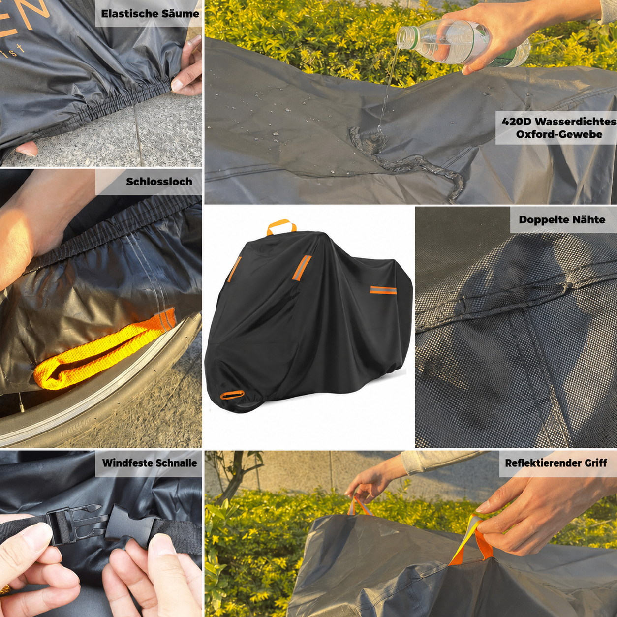 Motorradabdeckung mit elastischen Säumen, Schlossloch, doppelten Nähten, Schnalle und reflektierendem Griff.