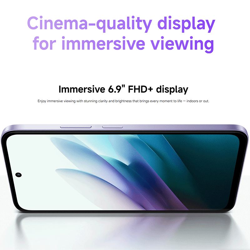 Ein lila Smartphone mit einem 6,9-Zoll-FHD+-Display, das eine abstrakte Grafik anzeigt.