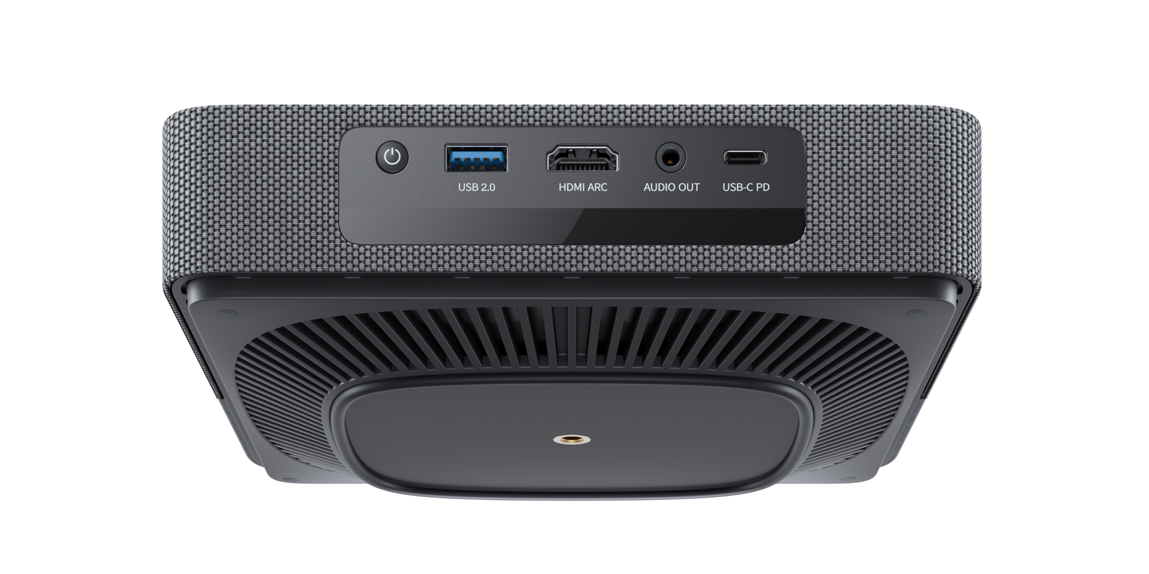 Rückseite eines grauen Geräts mit Anschlüssen: USB 2.0, HDMI ARC, Audioausgang, USB-C PD.