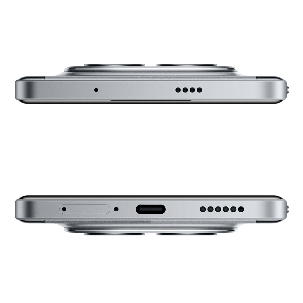 Ober- und Unteransicht eines silbernen Smartphones mit Kameras und Ladeanschluss.