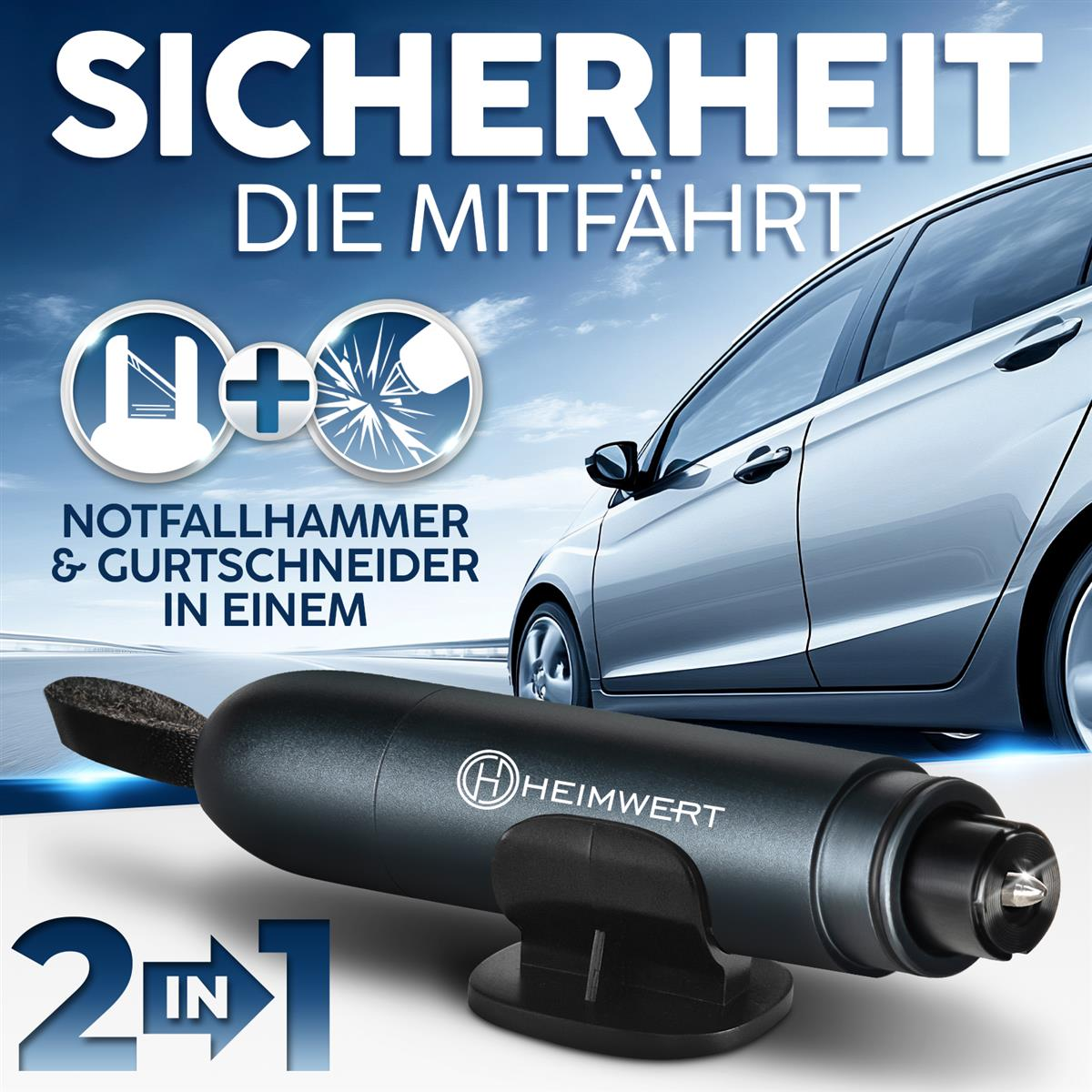 Ein Notfallhammer mit Gurtschneider für Autos, mit dem Schriftzug Heimwert.
