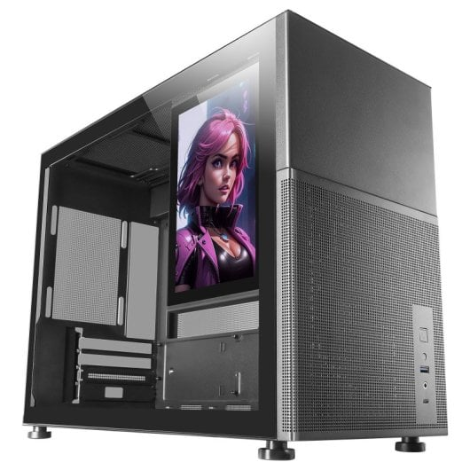 Ein schwarzer Computerturm mit einem Bildschirm, der ein Anime-Mädchen mit pinken Haaren zeigt.