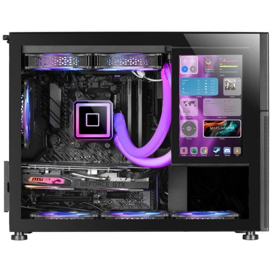 Ein PC-Gehäuse mit RGB-Beleuchtung und integriertem Bildschirm mit Widgets.