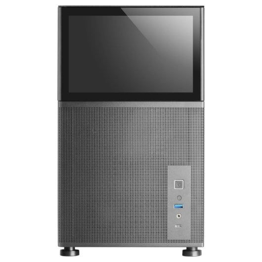 Ein grauer Computerturm mit einem Bildschirm oben und Anschlüssen vorne.