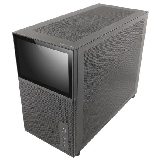 Ein dunkelgrauer Computerturm mit einem großen Bildschirm an der Vorderseite. Er hat Lüftungsschlitze.